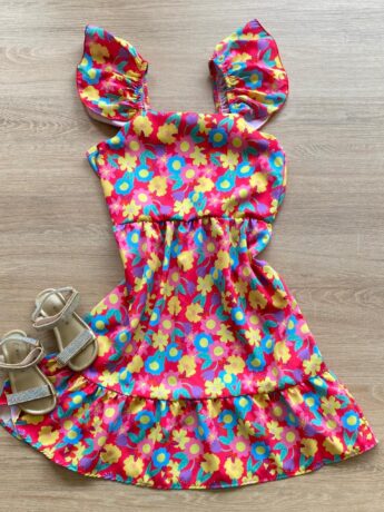 Vestido Infantil Feminino Manga com Babado Estampado Fundo Pink Fernanda Ramos Kids