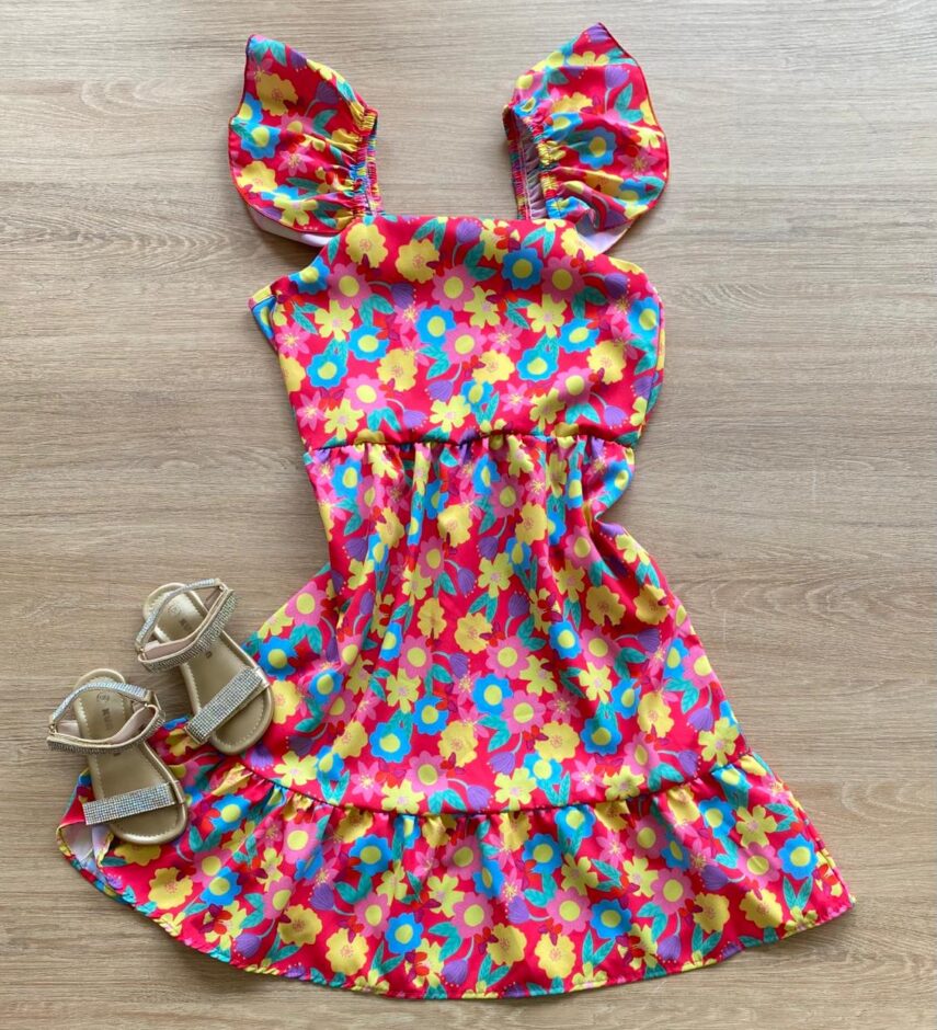 Vestido Infantil Feminino Manga com Babado Estampado Fundo Pink Fernanda Ramos Kids
