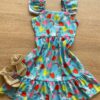 Vestido Infantil Feminino Manga com Babado Estampado Verde Água Fernanda Ramos Kids