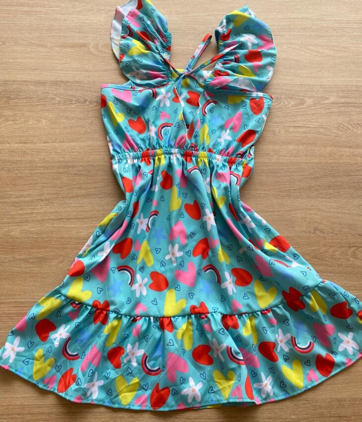 fernandaramoskids com br Vestido Infantil Feminino Manga com Babado Estampado Verde Água2