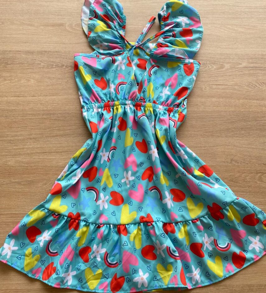 fernandaramoskids com br Vestido Infantil Feminino Manga com Babado Estampado Verde Água2