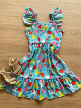 Vestido Infantil Feminino Manga com Babado Estampado Verde Água Fernanda Ramos Kids