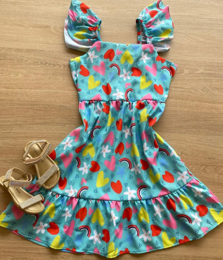 Vestido Infantil Feminino Manga com Babado Estampado Verde Água Fernanda Ramos Kids