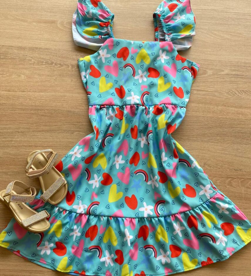 Vestido Infantil Feminino Manga com Babado Estampado Verde Água Fernanda Ramos Kids