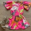 Vestido Infantil Feminino Manga Curta Ampla Rosa Neon Estampado Fernanda Ramos Kids