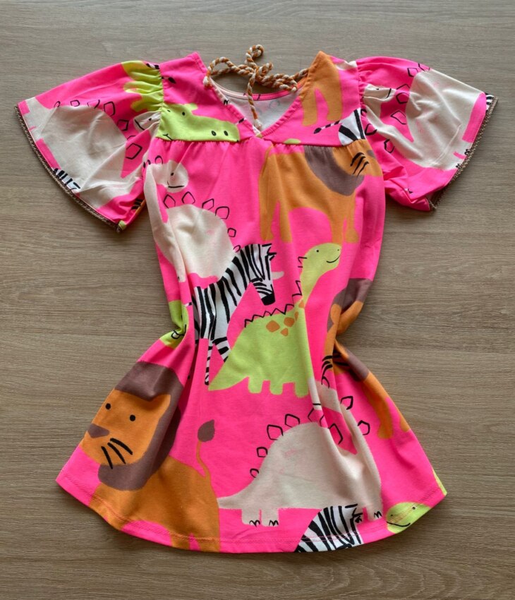 fernandaramoskids com br Vestido Infantil Feminino Manga Curta Ampla Rosa Neon Estampado2