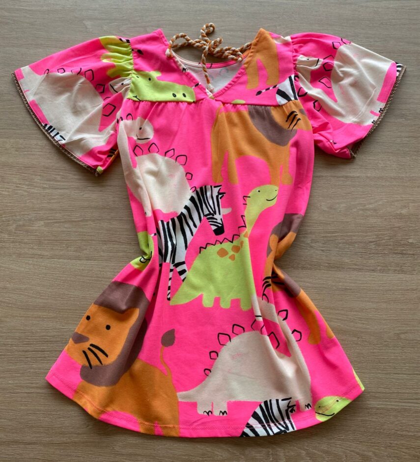 fernandaramoskids com br Vestido Infantil Feminino Manga Curta Ampla Rosa Neon Estampado2