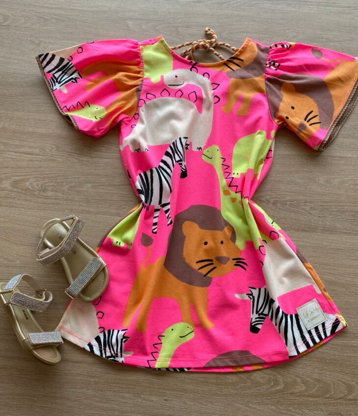 Vestido Infantil Feminino Manga Curta Ampla Rosa Neon Estampado Fernanda Ramos Kids
