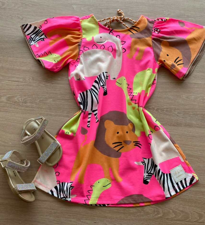 Vestido Infantil Feminino Manga Curta Ampla Rosa Neon Estampado Fernanda Ramos Kids