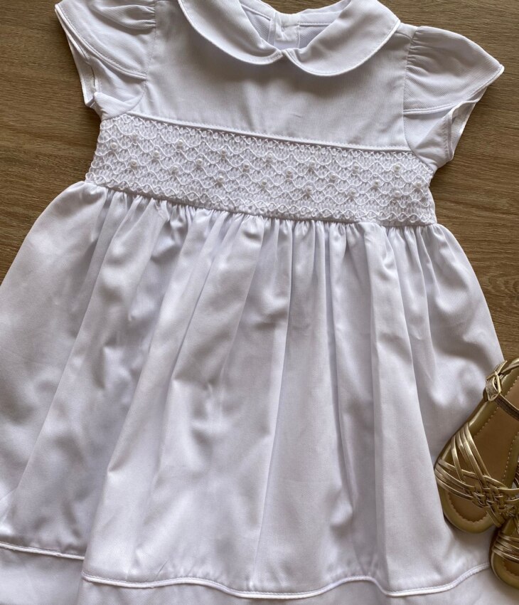 fernandaramoskids com br Vestido Infantil Feminino Manga Curta Branco com Detalhe de Pérolas1