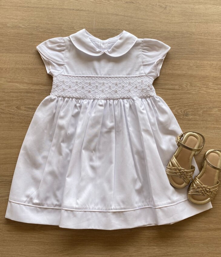 Vestido Infantil Feminino Manga Curta Branco com Detalhe de Pérolas Fernanda Ramos Kids
