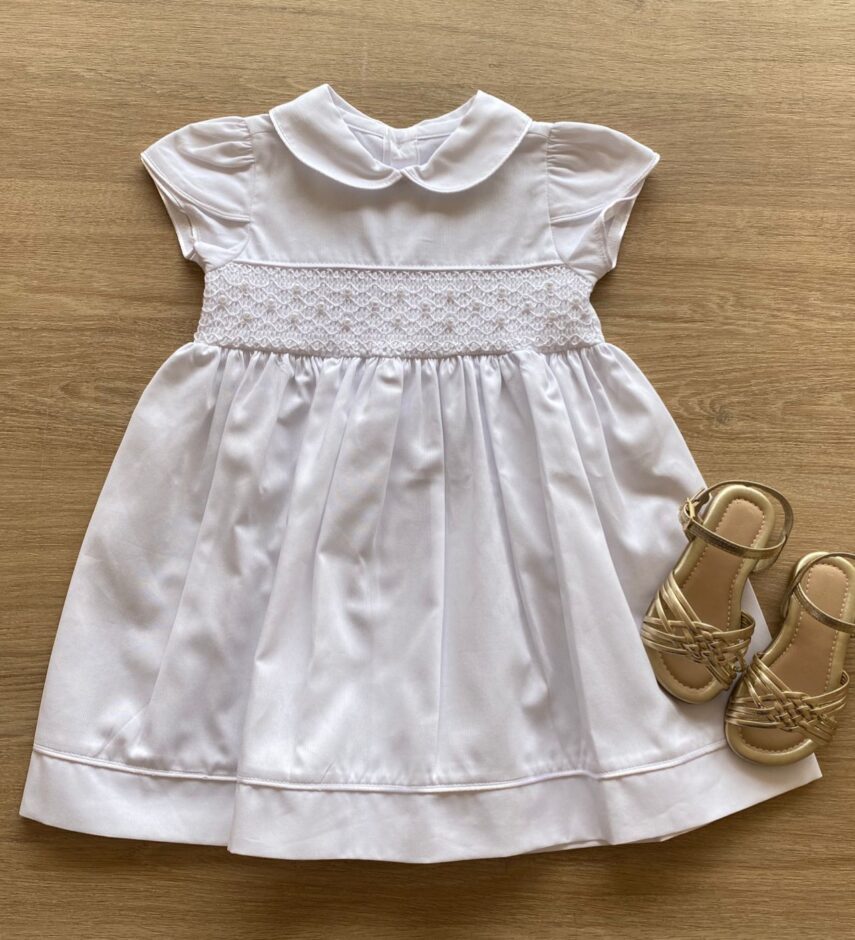 Vestido Infantil Feminino Manga Curta Branco com Detalhe de Pérolas Fernanda Ramos Kids
