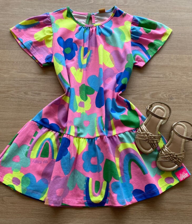 Vestido Infantil Feminino Manga Curta Estampado Rosa Neon Fernanda Ramos Kids