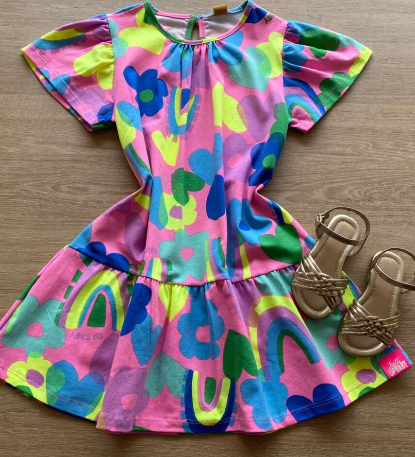 Vestido Infantil Feminino Manga Curta Estampado Rosa Neon Fernanda Ramos Kids