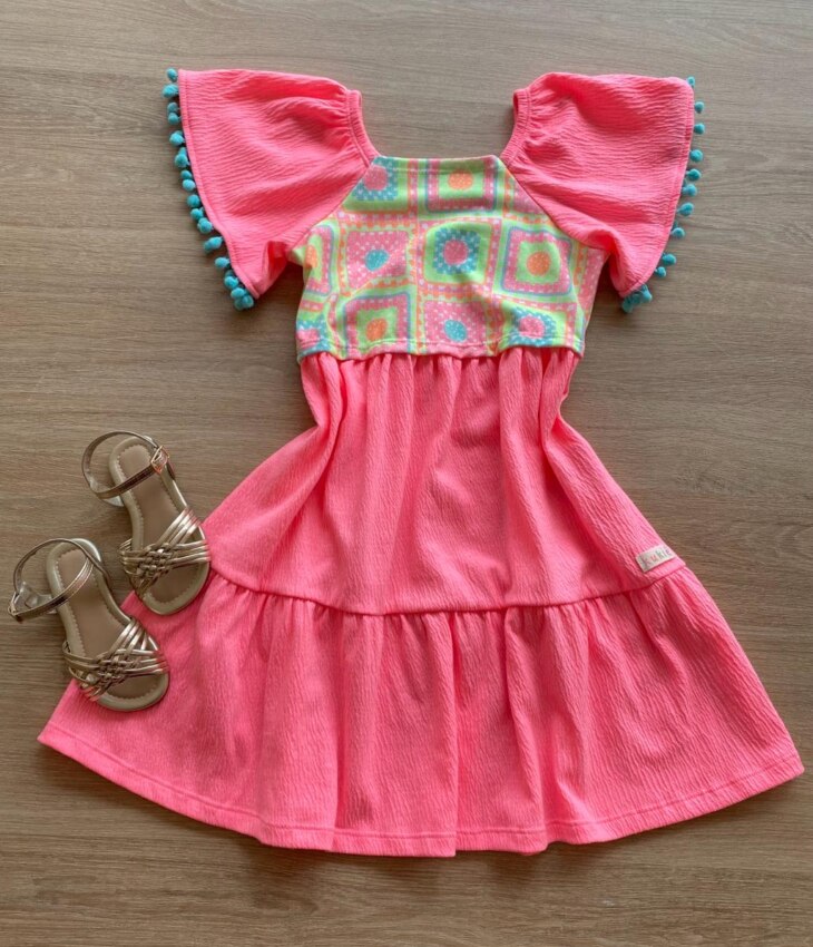 Vestido Infantil Feminino Manga Curta Pink Flúor com Estampa Fernanda Ramos Kids