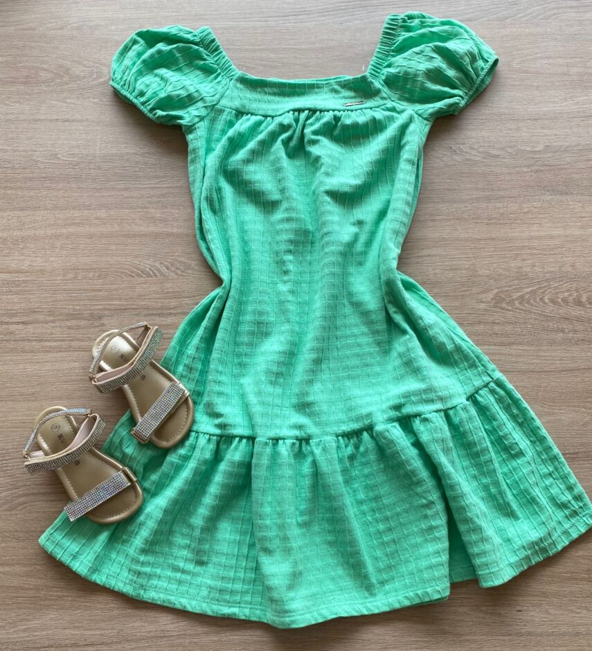 Vestido Infantil Feminino Manga Curta Verde Claro Fernanda Ramos Kids