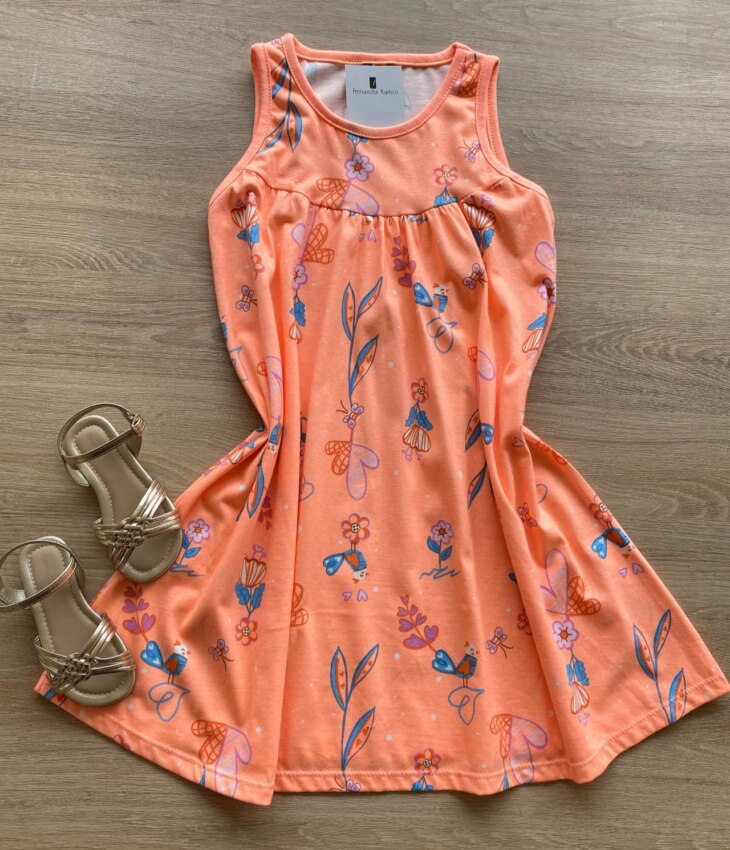 fernandaramoskids com br Vestido Infantil Feminino Regata Estampado Fundo Laranja Neon1