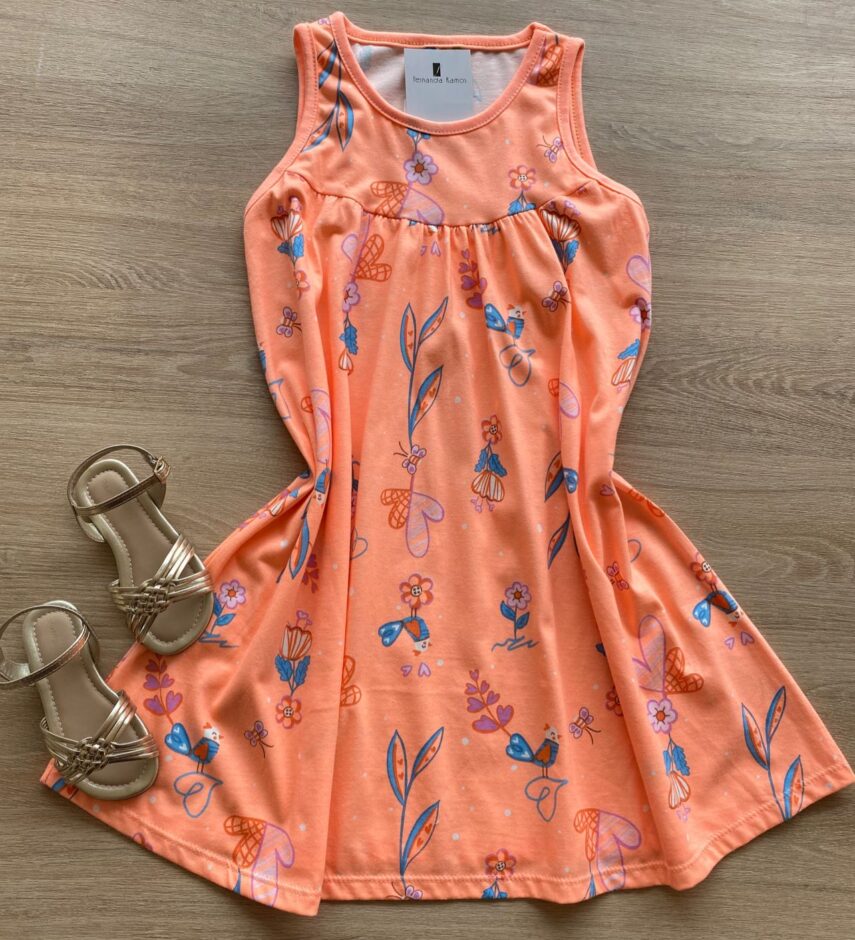 fernandaramoskids com br Vestido Infantil Feminino Regata Estampado Fundo Laranja Neon1