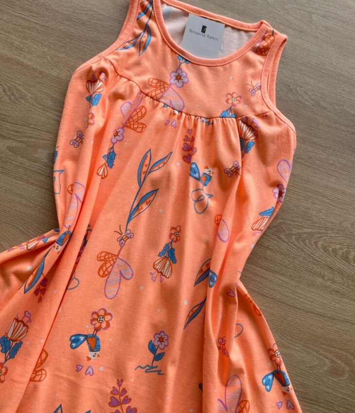 fernandaramoskids com br Vestido Infantil Feminino Regata Estampado Fundo Laranja Neon2