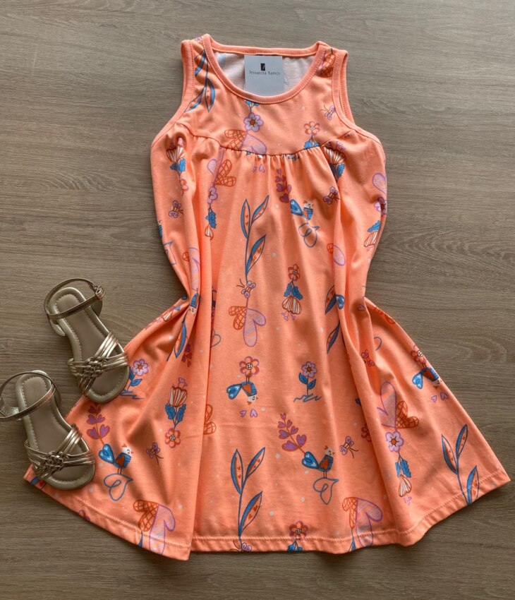 Vestido Infantil Feminino Regata Estampado Fundo Laranja Neon Fernanda Ramos Kids