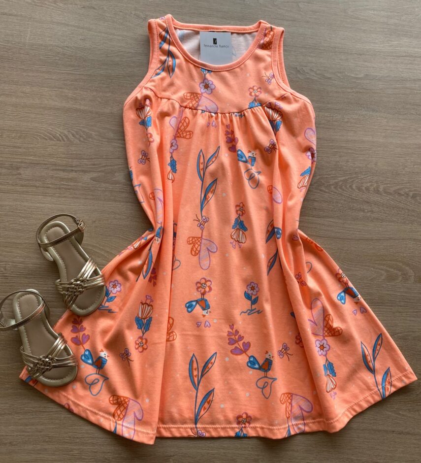 Vestido Infantil Feminino Regata Estampado Fundo Laranja Neon Fernanda Ramos Kids