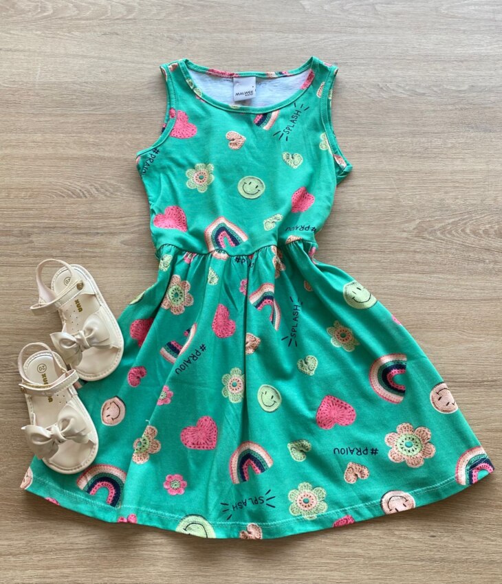 Vestido Infantil Feminino Regata Estampado Fundo Verde Fernanda Ramos Kids