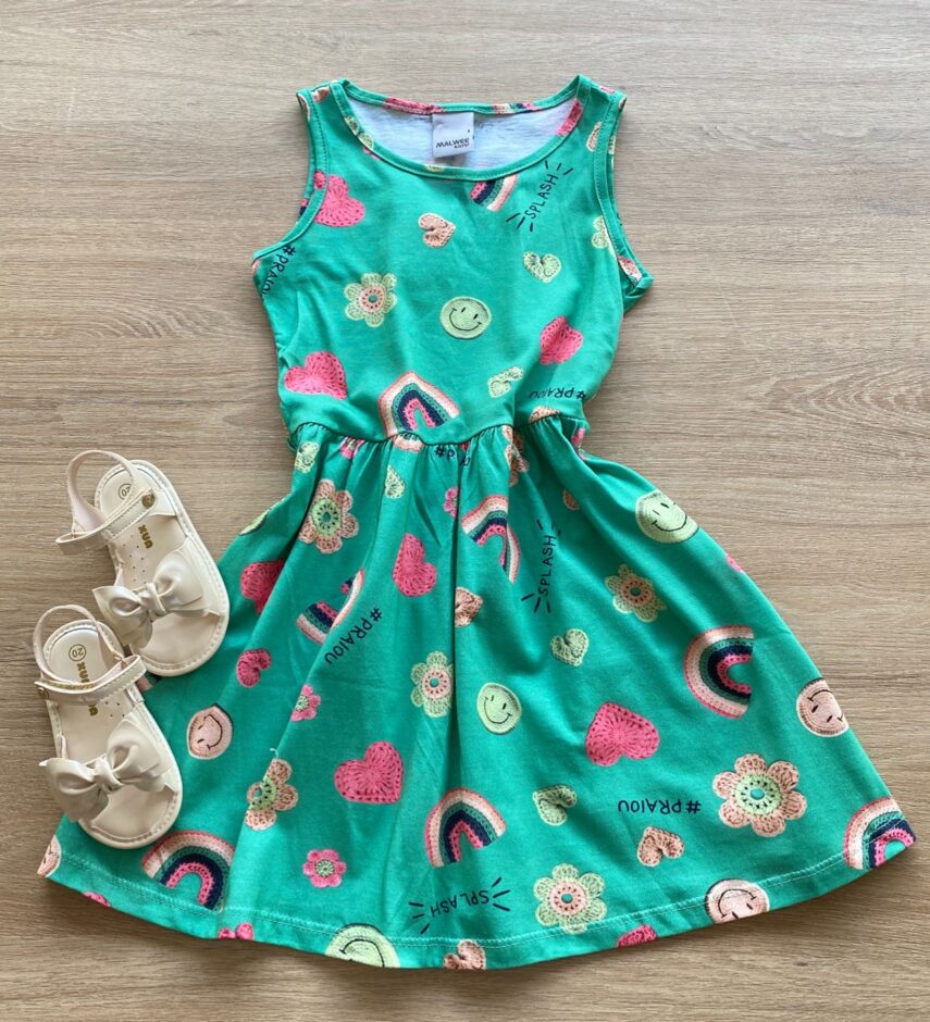 Vestido Infantil Feminino Regata Estampado Fundo Verde Fernanda Ramos Kids