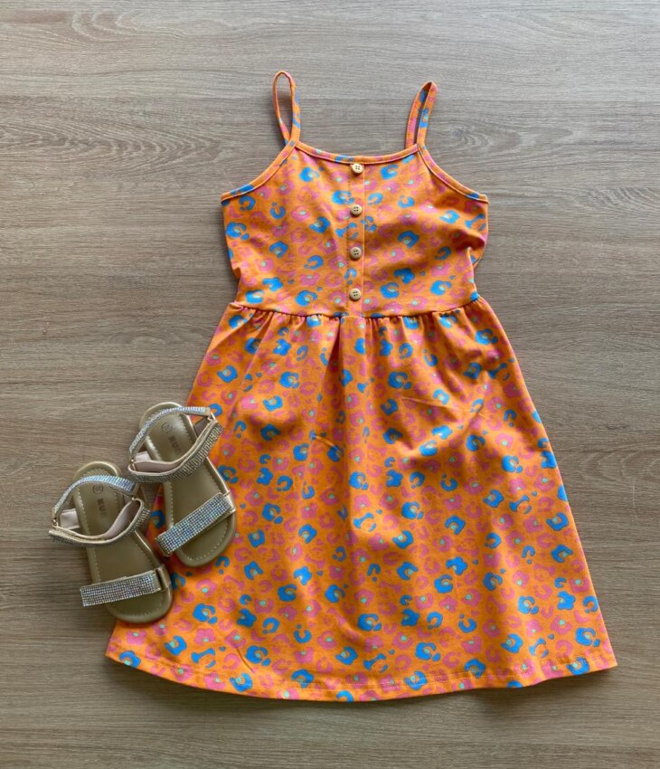 Vestido Infantil Feminino Rodado Alça Fina Laranja Estampado Fernanda Ramos Kids