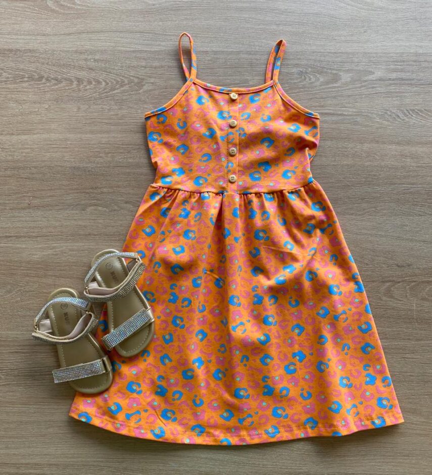 Vestido Infantil Feminino Rodado Alça Fina Laranja Estampado Fernanda Ramos Kids