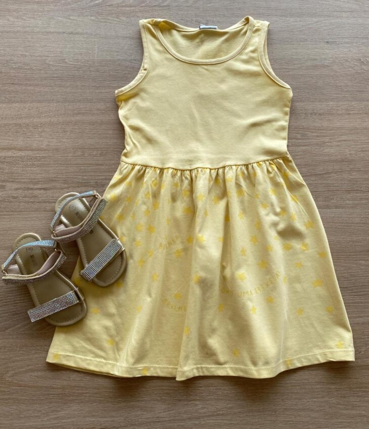 Vestido Infantil Feminino Rodado Amarelo Estrelas Fernanda Ramos Kids