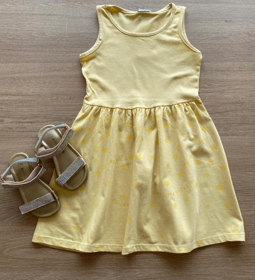 Vestido Infantil Feminino Rodado Amarelo Estrelas Fernanda Ramos Kids