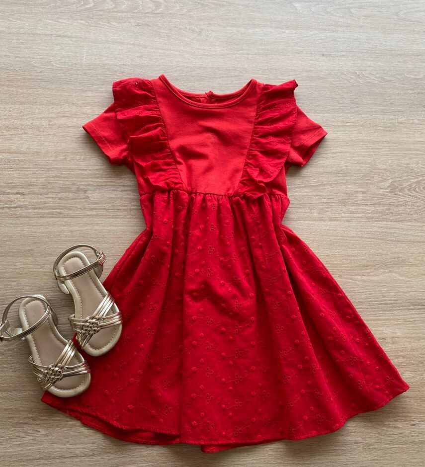 Vestido Infantil Feminino Rodado Laise Vermelho Fernanda Ramos Kids