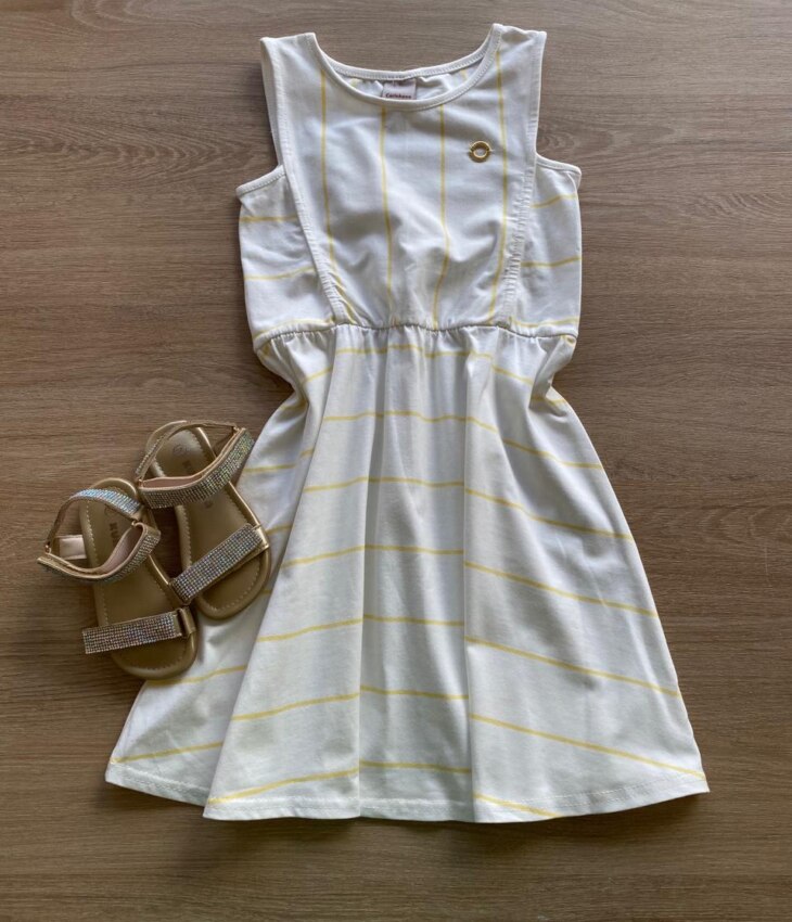 Vestido Infantil Feminino Rodado Listrado de Amarelo Fernanda Ramos Kids