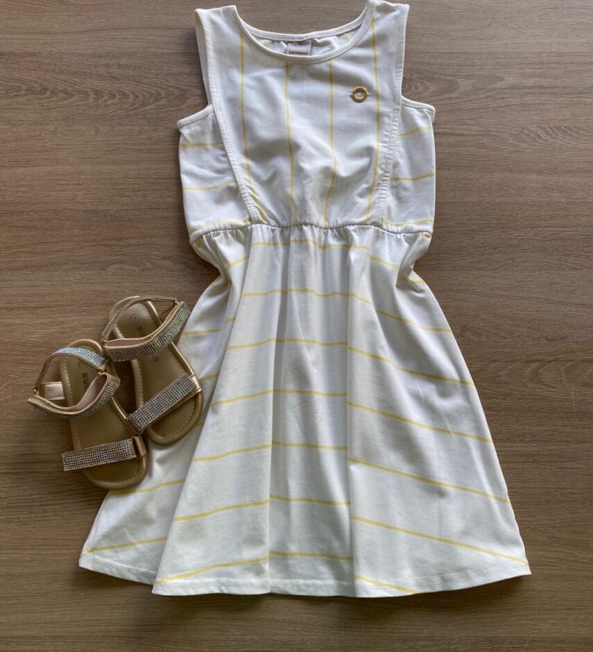Vestido Infantil Feminino Rodado Listrado de Amarelo Fernanda Ramos Kids