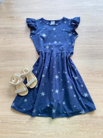 Vestido Infantil Feminino Rodado Manga Babado Azul Estampado Fernanda Ramos Kids