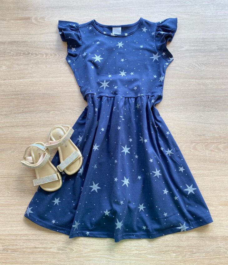Vestido Infantil Feminino Rodado Manga Babado Azul Estampado Fernanda Ramos Kids