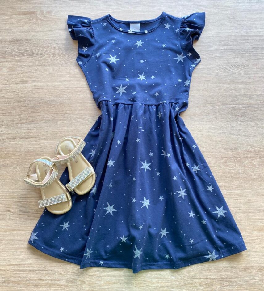 Vestido Infantil Feminino Rodado Manga Babado Azul Estampado Fernanda Ramos Kids