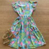Vestido Infantil Feminino Rodado Manga Curta Azul Estampado Fernanda Ramos Kids