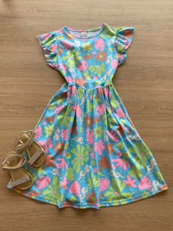 Vestido Infantil Feminino Rodado Manga Curta Azul Estampado Fernanda Ramos Kids
