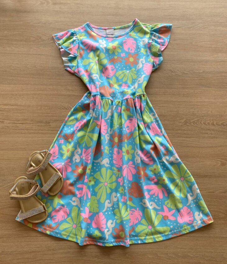 Vestido Infantil Feminino Rodado Manga Curta Azul Estampado Fernanda Ramos Kids