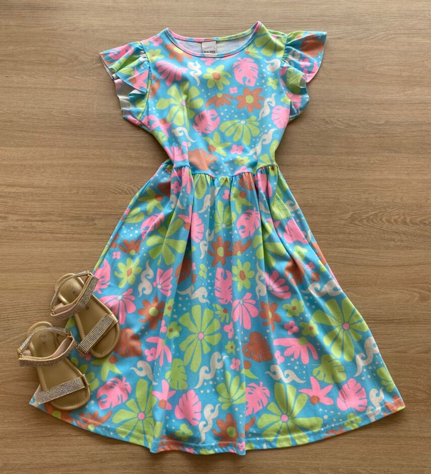 Vestido Infantil Feminino Rodado Manga Curta Azul Estampado Fernanda Ramos Kids