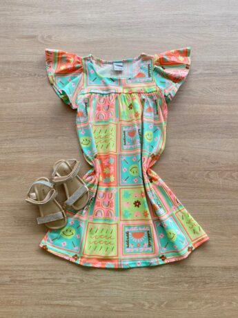 Vestido Infantil Feminino Rodado Manga Curta Estampado Fundo Verde Fernanda Ramos Kids