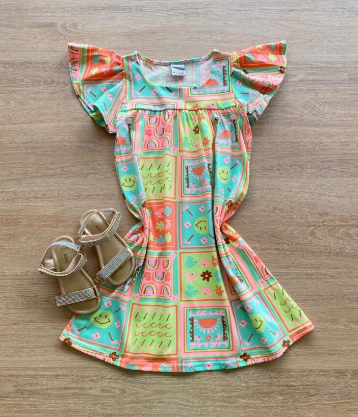 Vestido Infantil Feminino Rodado Manga Curta Estampado Fundo Verde Fernanda Ramos Kids