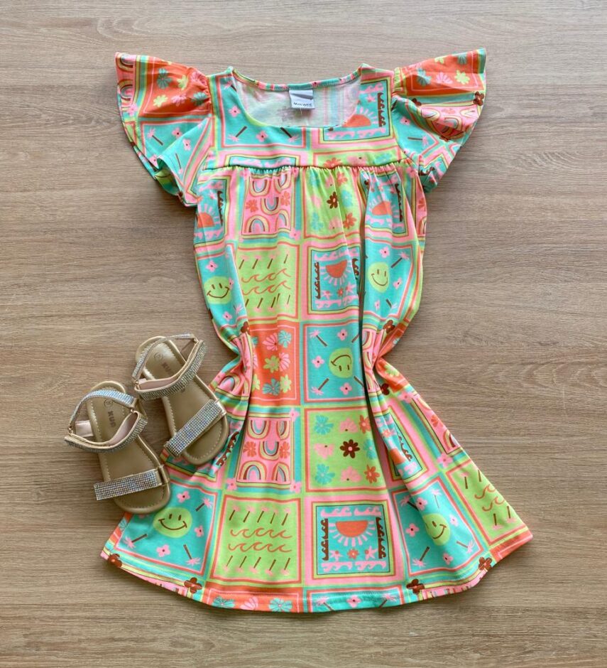 Vestido Infantil Feminino Rodado Manga Curta Estampado Fundo Verde Fernanda Ramos Kids
