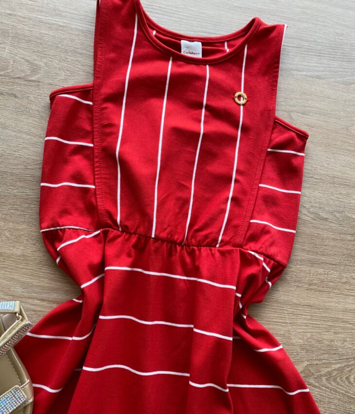 fernandaramoskids com br Vestido Infantil Feminino Rodado Vermelho Listrado de Branco1