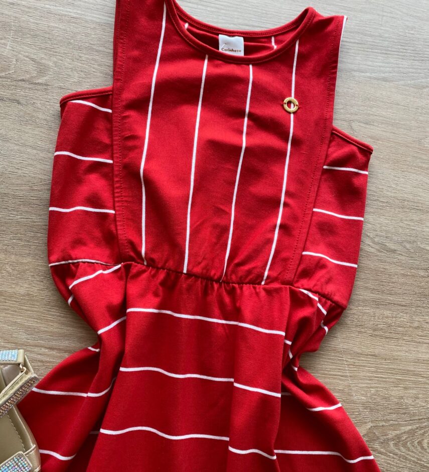 fernandaramoskids com br Vestido Infantil Feminino Rodado Vermelho Listrado de Branco1