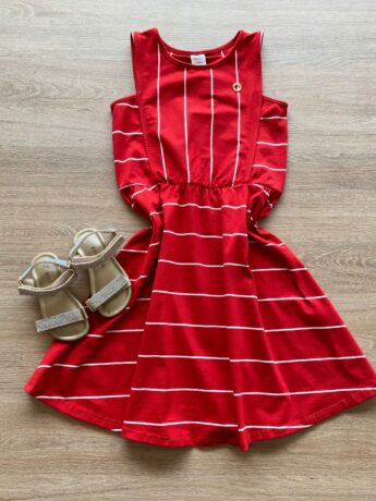 Vestido Infantil Feminino Rodado Vermelho Listrado de Branco Fernanda Ramos Kids