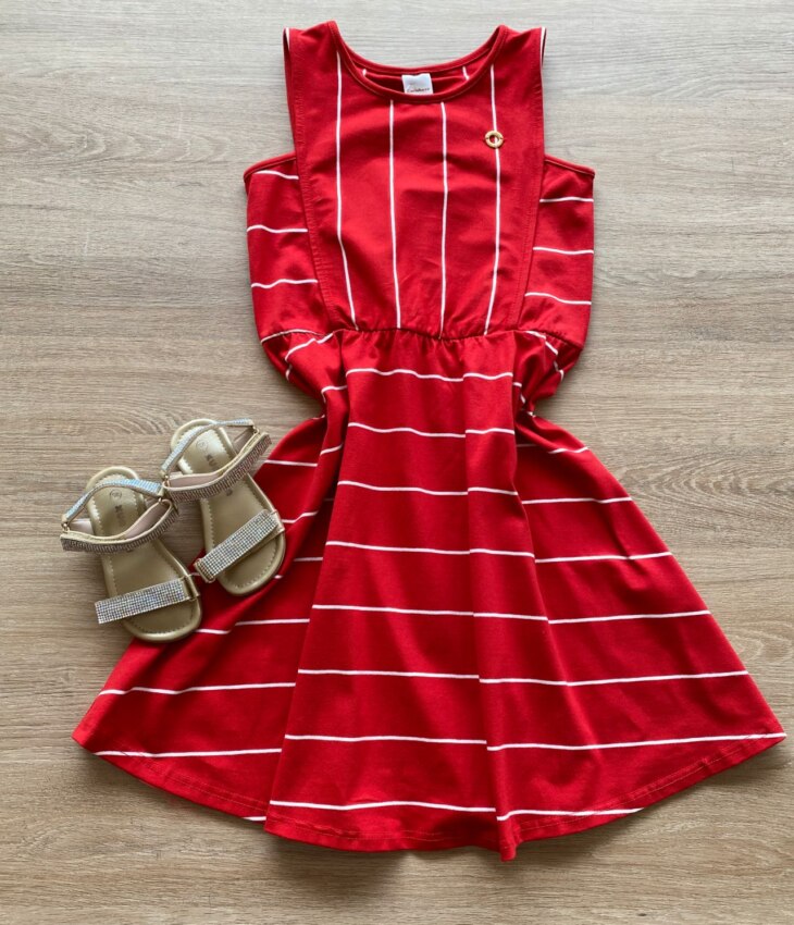 Vestido Infantil Feminino Rodado Vermelho Listrado de Branco Fernanda Ramos Kids