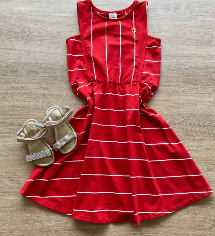 Vestido Infantil Feminino Rodado Vermelho Listrado de Branco Fernanda Ramos Kids