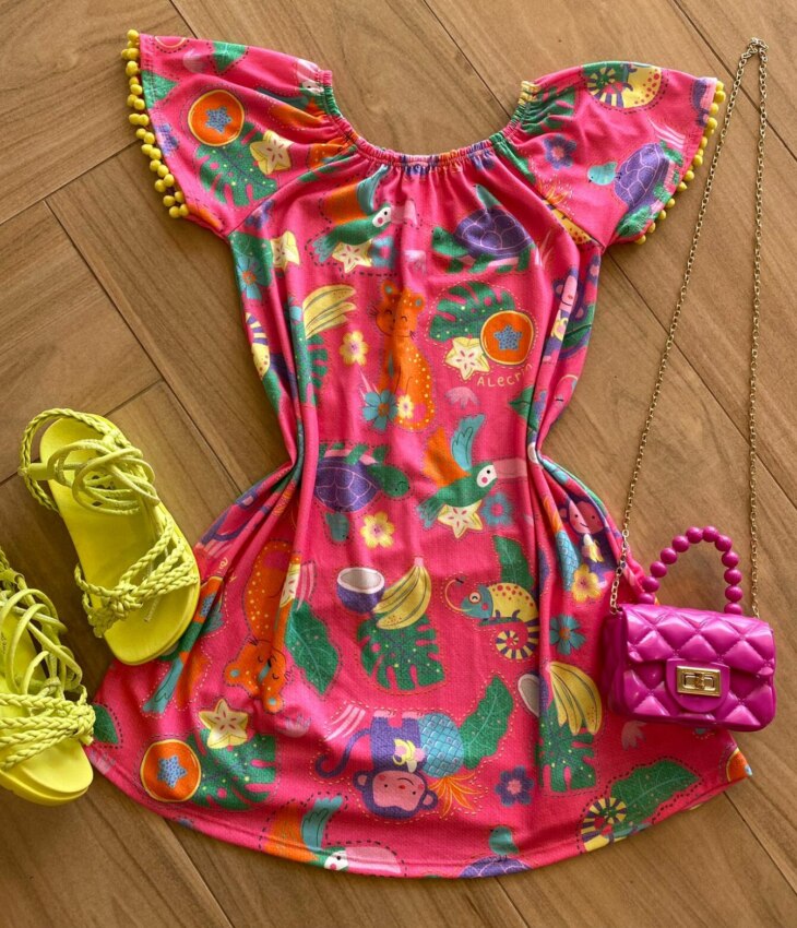 fernandaramoskids com br Vestido Infantil Feminino Soltinho Estampado Pink Flúor1